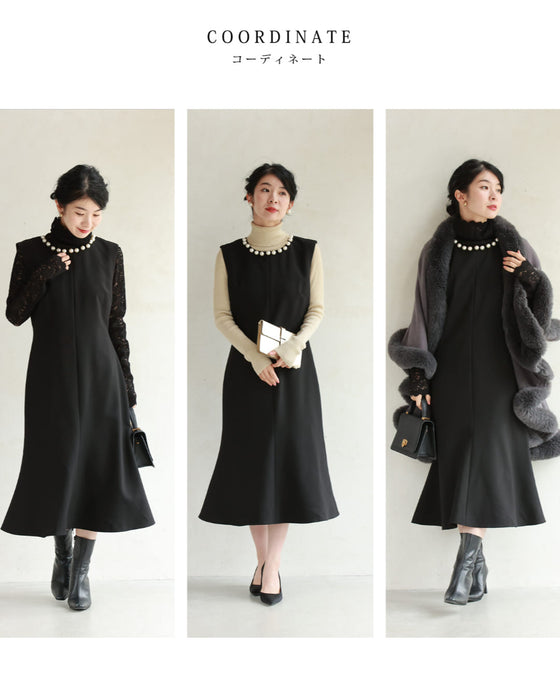 Pearl neck A-line medium dress