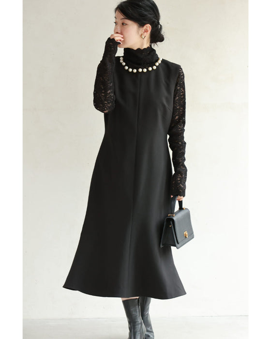 Pearl neck A-line medium dress