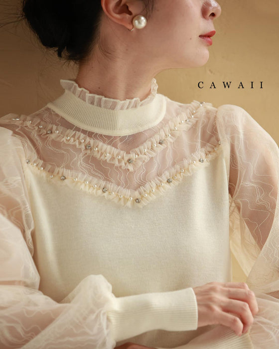 チュールライン流れるシアーベールのニットカットソートップス