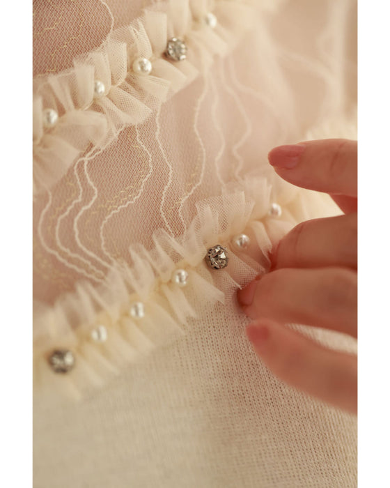 チュールライン流れるシアーベールのニットカットソートップス