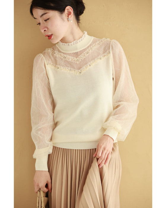 チュールライン流れるシアーベールのニットカットソートップス