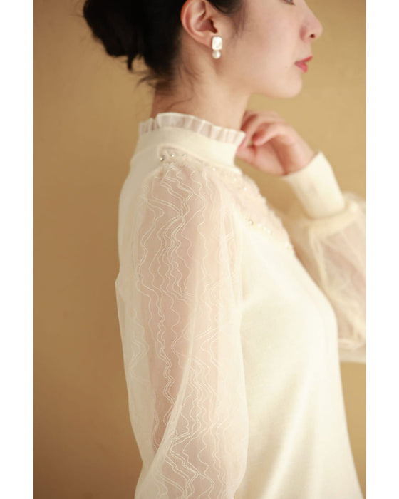 チュールライン流れるシアーベールのニットカットソートップス