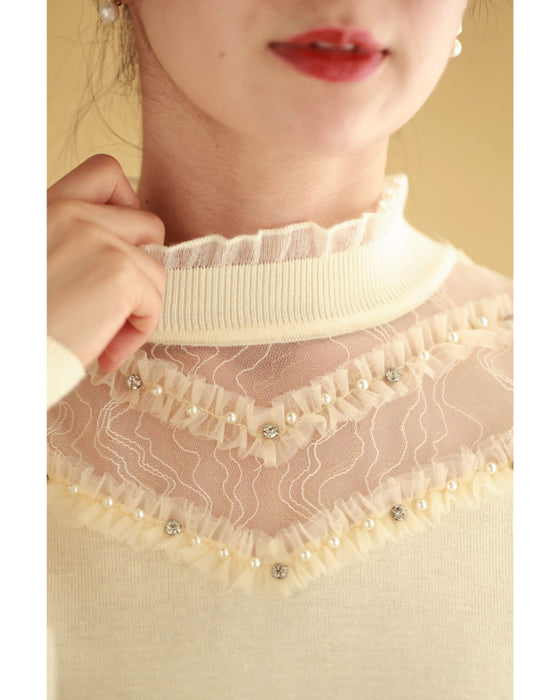 チュールライン流れるシアーベールのニットカットソートップス