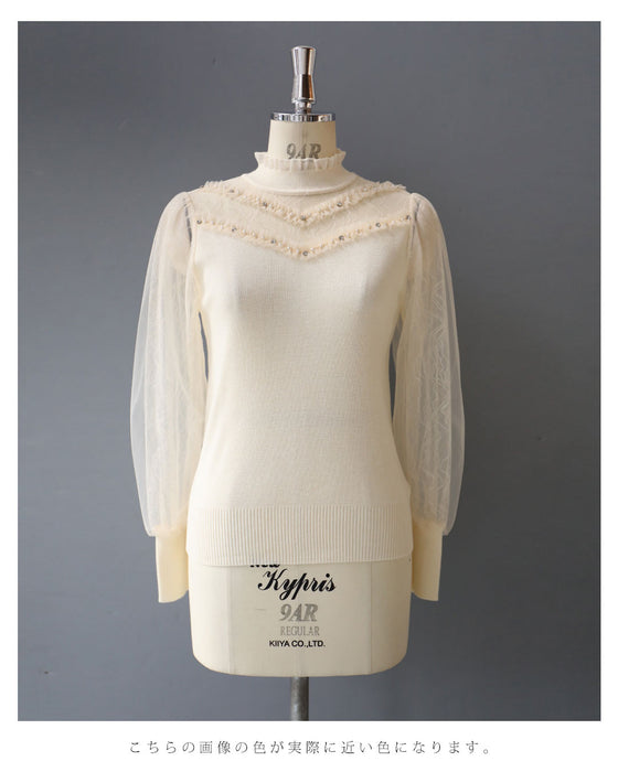 チュールライン流れるシアーベールのニットカットソートップス