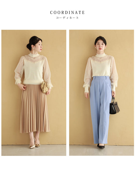 チュールライン流れるシアーベールのニットカットソートップス