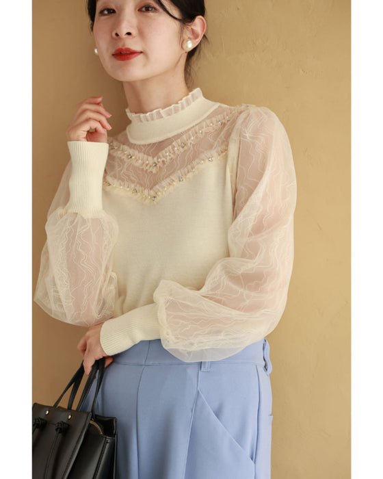 チュールライン流れるシアーベールのニットカットソートップス