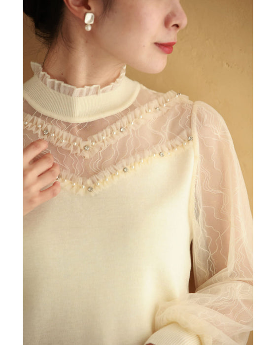 チュールライン流れるシアーベールのニットカットソートップス