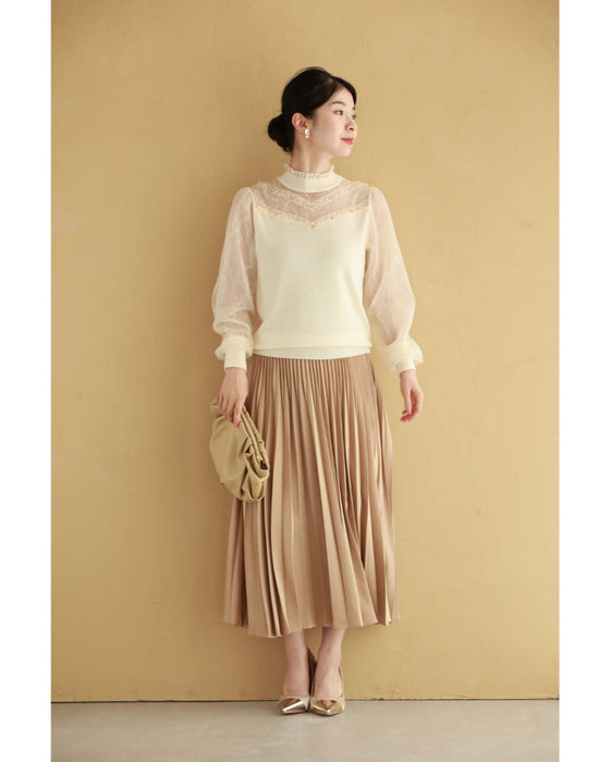 チュールライン流れるシアーベールのニットカットソートップス