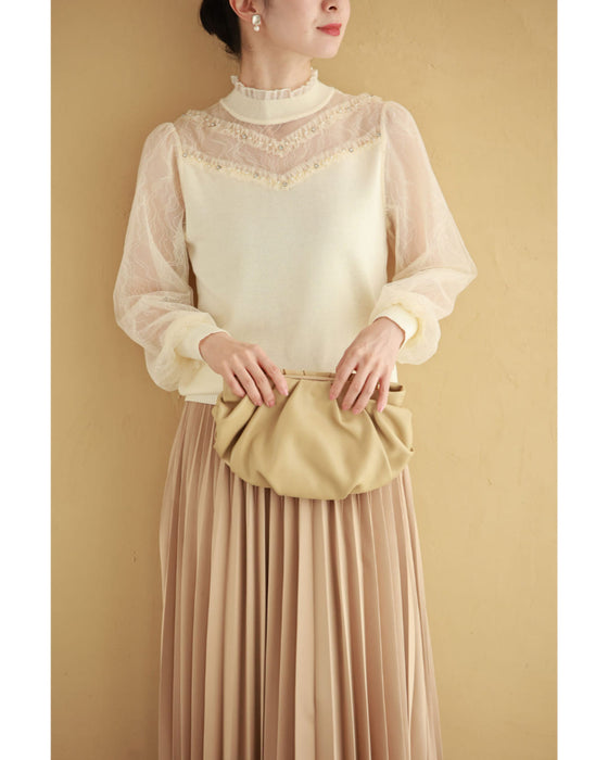 チュールライン流れるシアーベールのニットカットソートップス