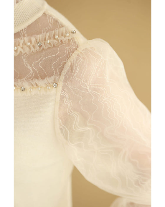 チュールライン流れるシアーベールのニットカットソートップス