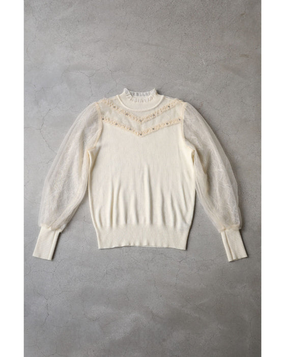 チュールライン流れるシアーベールのニットカットソートップス