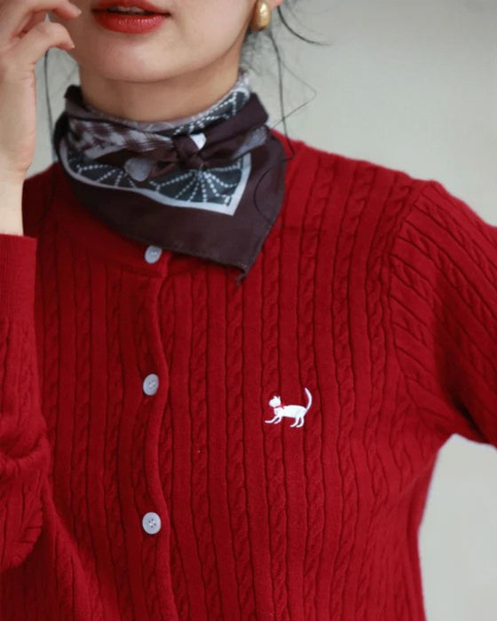 Red ribbon cat cable knit cardigan (with scarf)