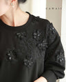 Sequined sparkling black floral applique pullover top