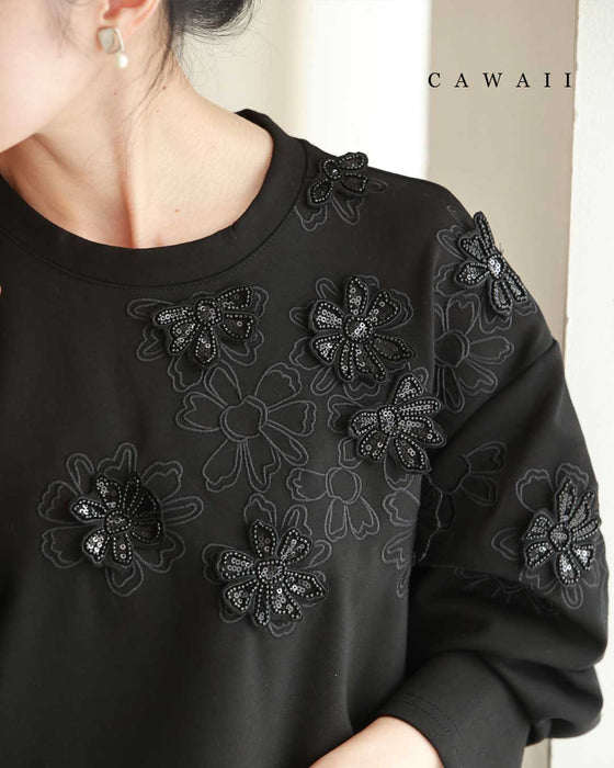 Sequined sparkling black floral applique pullover top