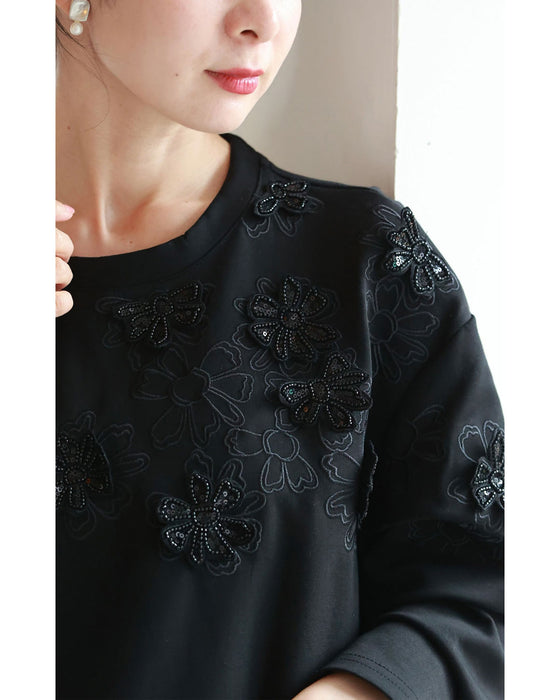 Sequined sparkling black floral applique pullover top