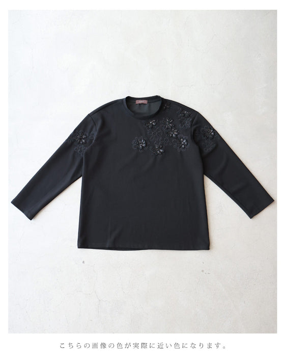 Sequined sparkling black floral applique pullover top