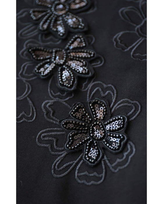 Sequined sparkling black floral applique pullover top