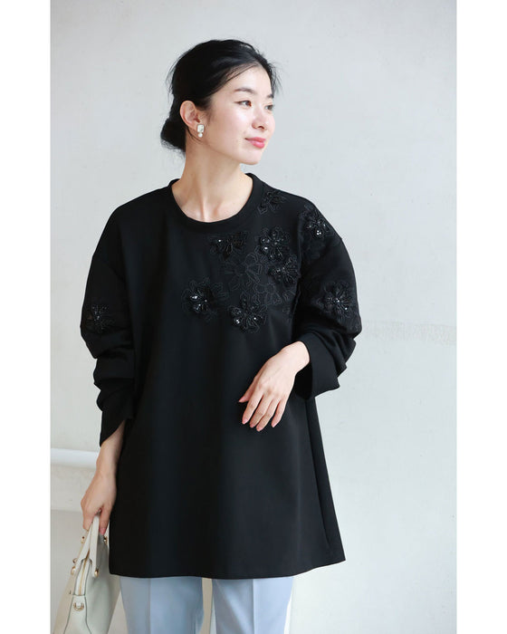 Sequined sparkling black floral applique pullover top