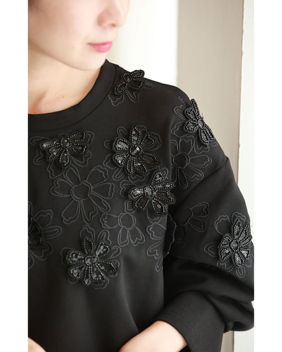 Sequined sparkling black floral applique pullover top