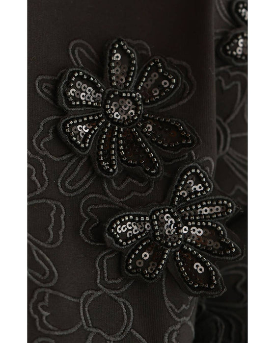 Sequined sparkling black floral applique pullover top