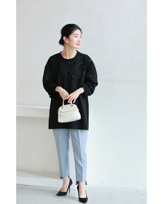 Sequined sparkling black floral applique pullover top