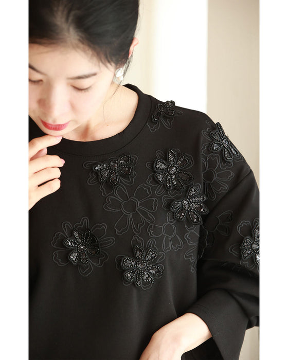 Sequined sparkling black floral applique pullover top