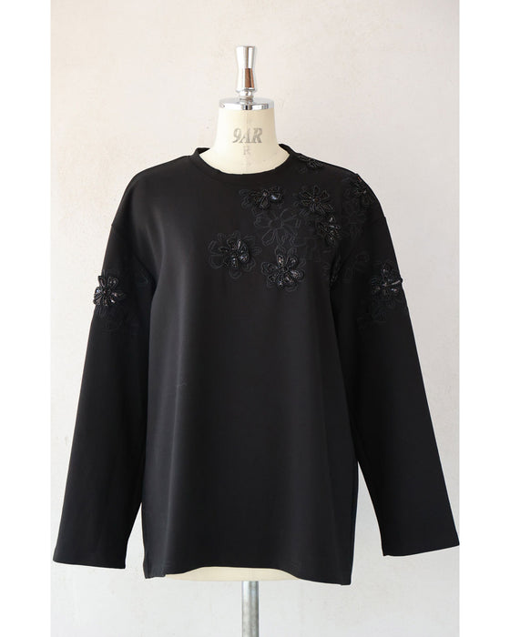 Sequined sparkling black floral applique pullover top