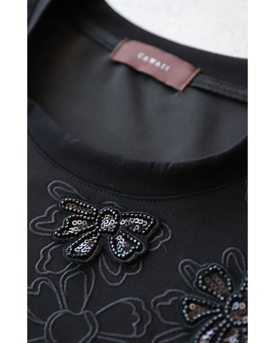 Sequined sparkling black floral applique pullover top