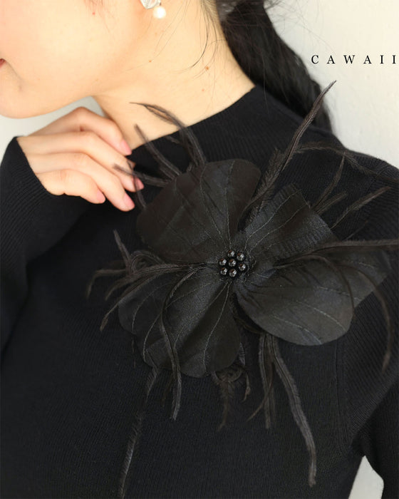 (黒)心に宿る立体花のニットカットソートップス