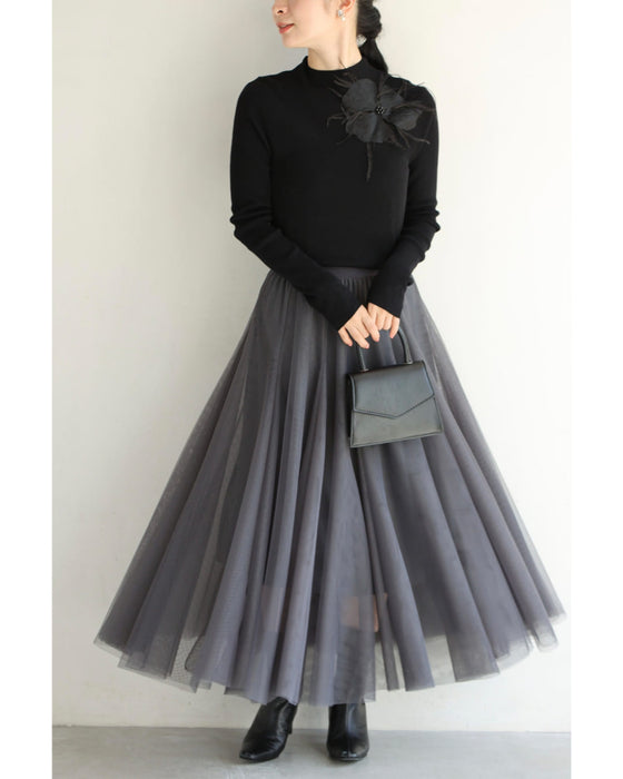 (黒)心に宿る立体花のニットカットソートップス