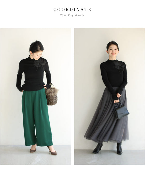 （黒）心に宿る立体花のニットカットソートップス