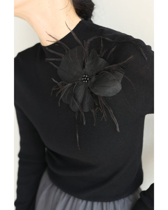 (黒)心に宿る立体花のニットカットソートップス