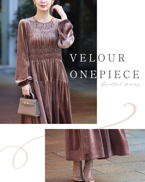 上品な大人の艶ベロア調シャーリングワンピース