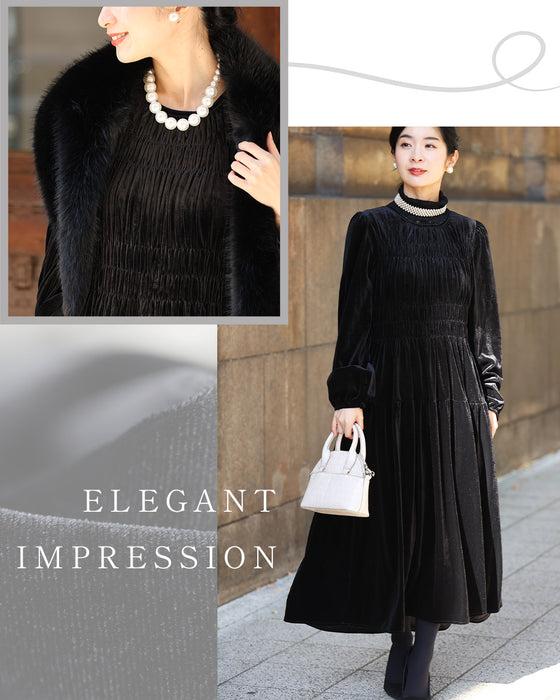 上品な大人の艶ベロア調シャーリングワンピース
