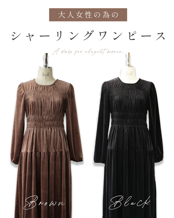 上品な大人の艶ベロア調シャーリングワンピース