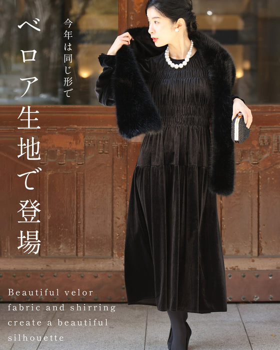 上品な大人の艶ベロア調シャーリングワンピース