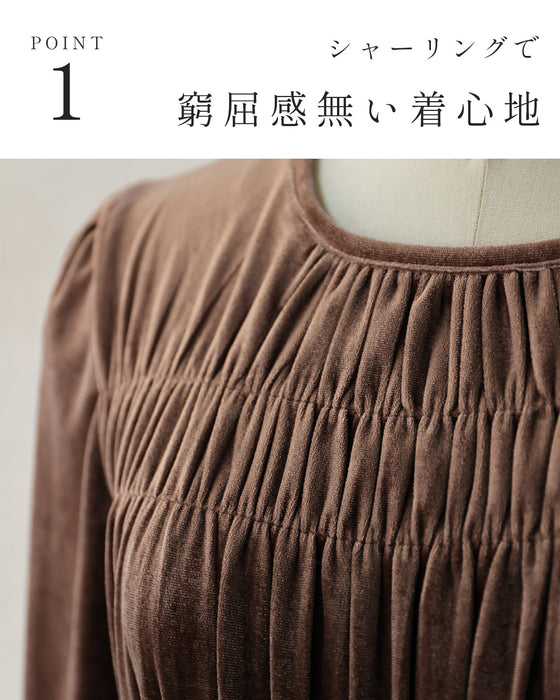 上品な大人の艶ベロア調シャーリングワンピース
