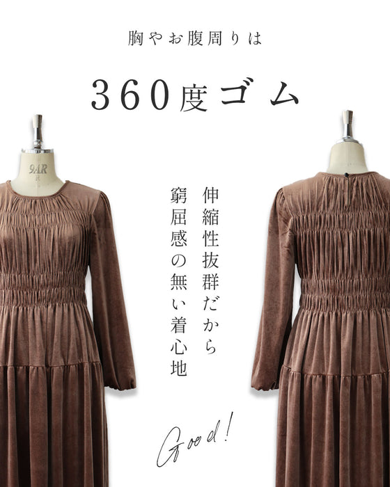 上品な大人の艶ベロア調シャーリングワンピース