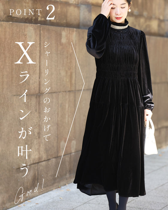 上品な大人の艶ベロア調シャーリングワンピース