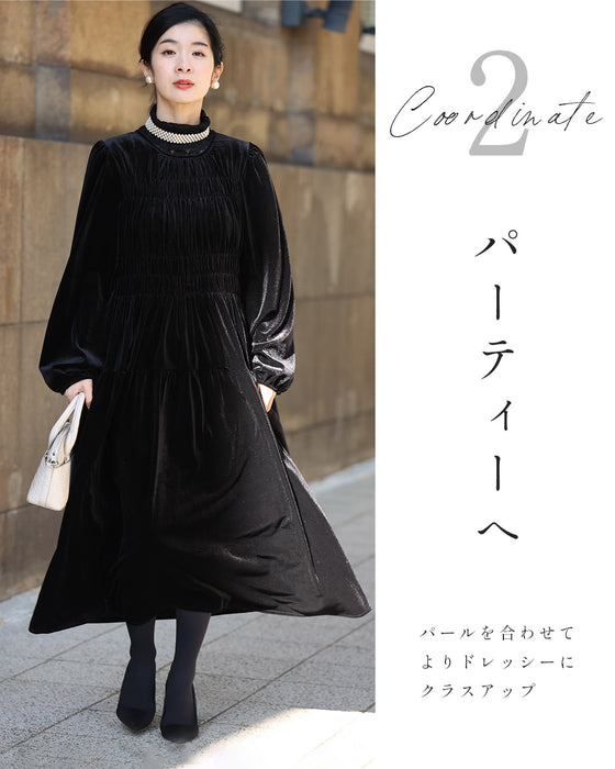 上品な大人の艶ベロア調シャーリングワンピース