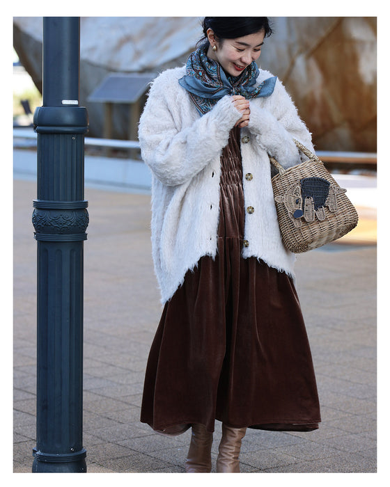 上品な大人の艶ベロア調シャーリングワンピース