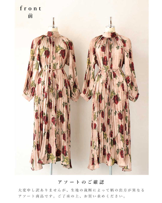 気品ある薔薇のプリーツロングワンピース(紐ベルト付き)