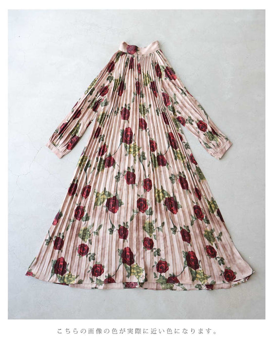 気品ある薔薇のプリーツロングワンピース(紐ベルト付き)