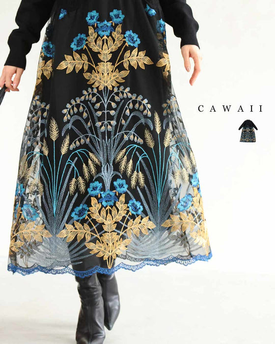 ぐるりと美しさ広がる青花刺繍ベールミディアムワンピース