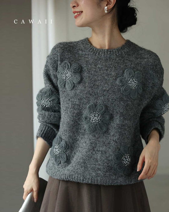 アップリケ風フラワーのニットプルオーバートップス