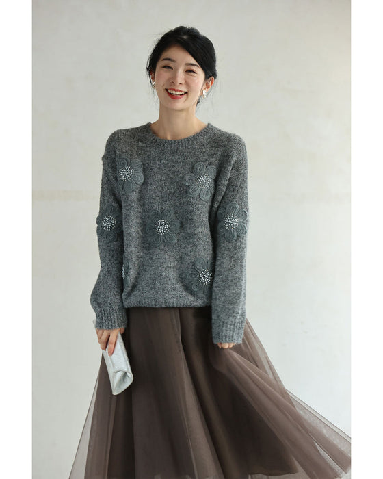 アップリケ風フラワーのニットプルオーバートップス