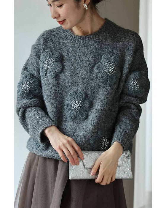 アップリケ風フラワーのニットプルオーバートップス