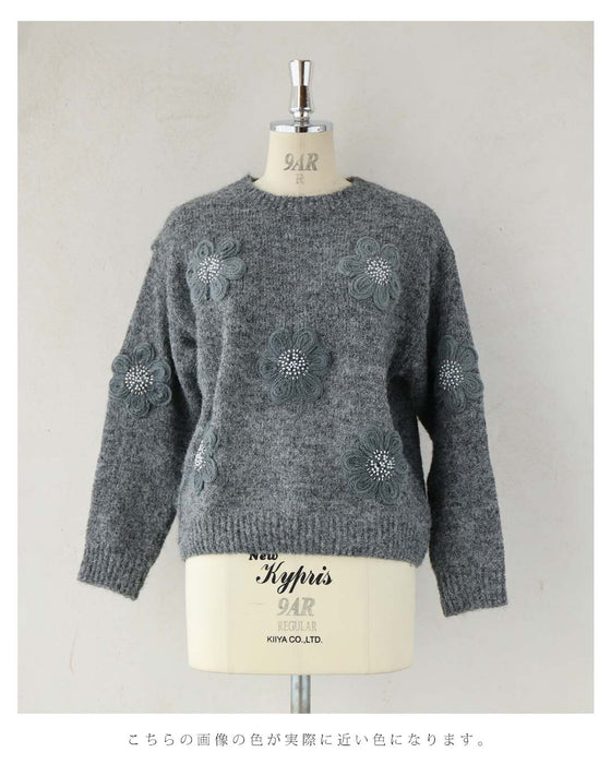 アップリケ風フラワーのニットプルオーバートップス