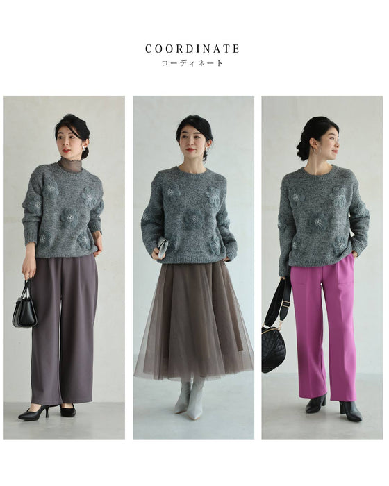 アップリケ風フラワーのニットプルオーバートップス