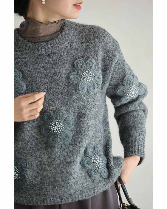 アップリケ風フラワーのニットプルオーバートップス